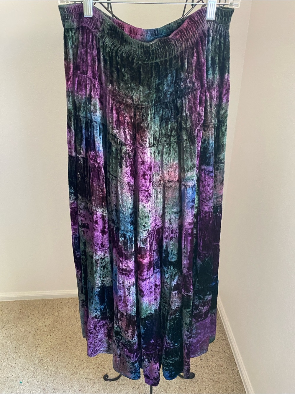 Vintage Velvet Tie-Dye Maxi Skirt in Purple and Teal